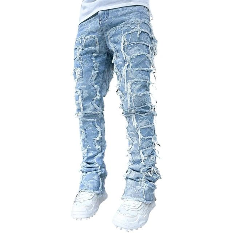 E15E Mens Stacked Jeans Fit Ripped Destroyed Straight Denims Pants Vintage Hip Hop Trouser Streetwear 240415 - Image 11
