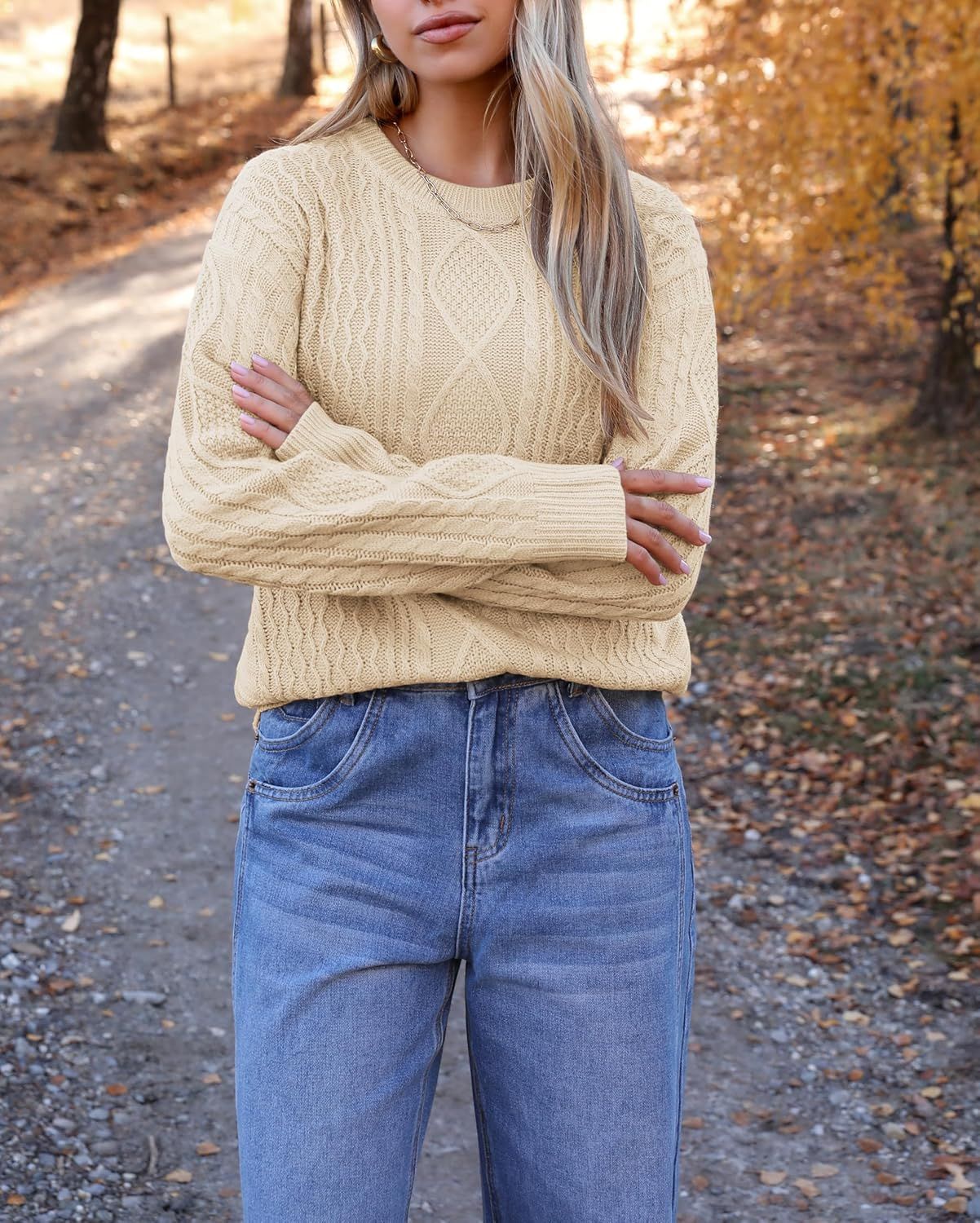 Cable Knit Sweater Women Crewneck Long Sleeve Sweater 2024 Fall Chunky Vintage Pullover Tops - Image 5