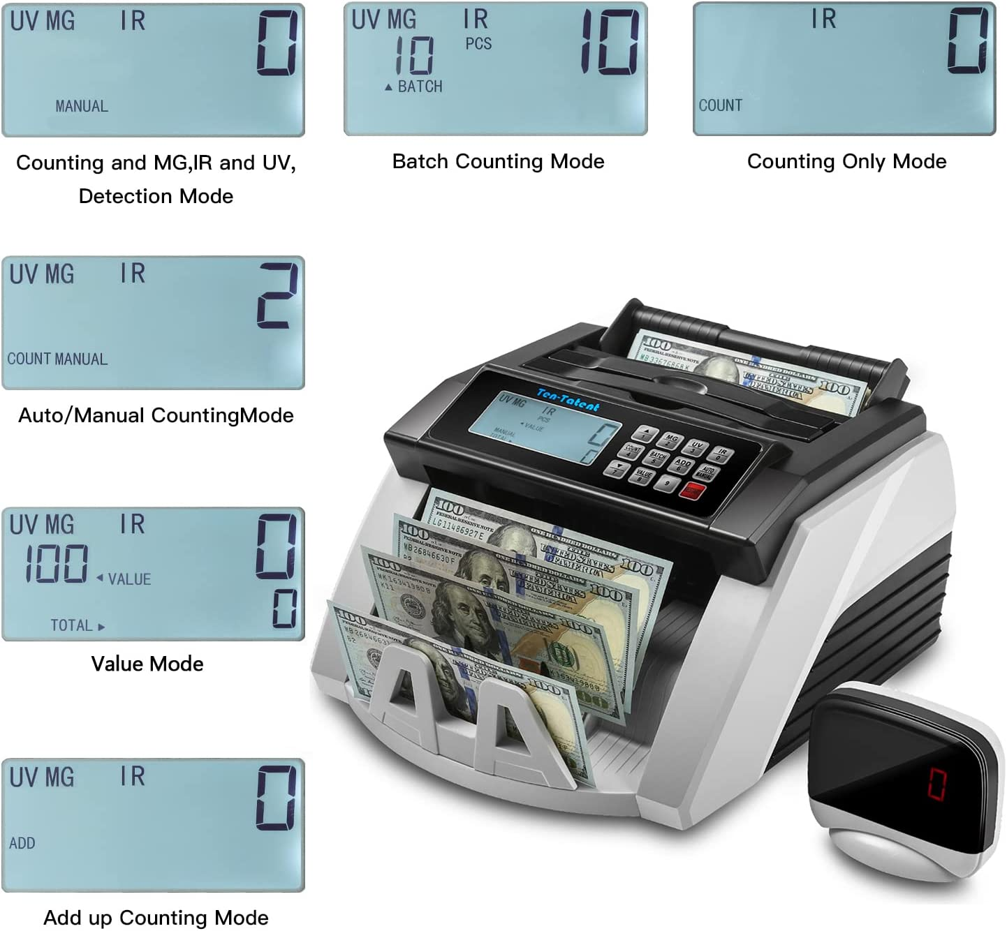 Bill Counter Machine, Money Counting Machine with UV/MG/MT/IR Counterfeit Detection, Count Value of Bills, Valucount, Add and Batch Modes, Large LED Display, 1,000 Bills/Min (Black) - Image 8