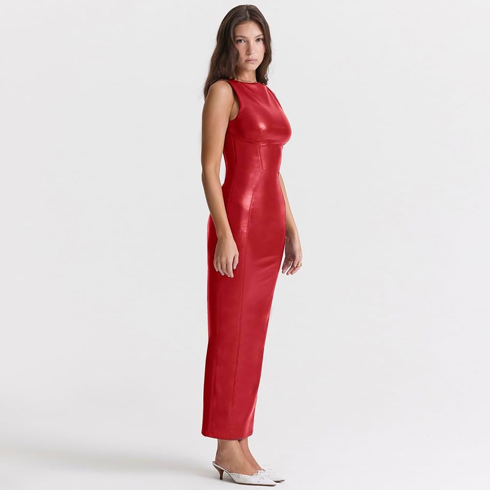 Women'S Faux Leather Bodycon Maxi Dress - Image 4
