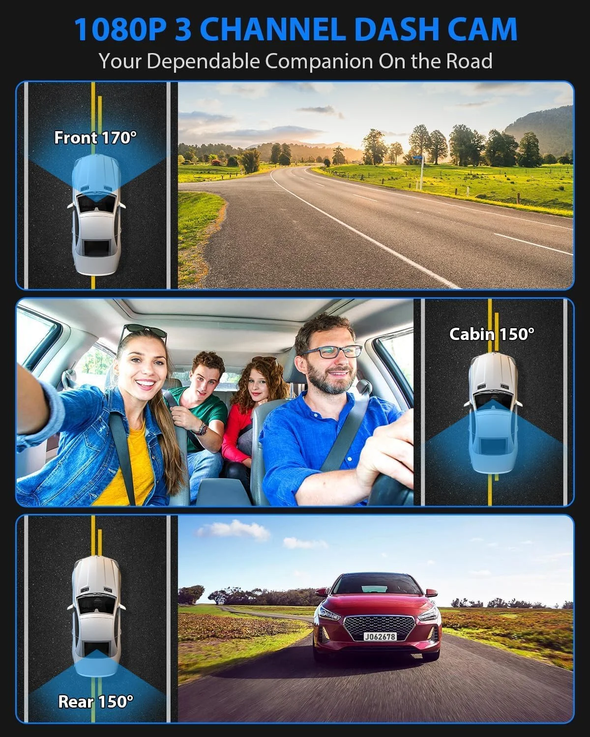 Dash Cam, 3 Channel Dash Cam, 4K+1080P Dash Cam Front and Inside, Triple Dash Cam,Car Night Vision Dash Camera with 32GB Card, HDR, G-Sensor, 24Hr Parking, Front Rear Dash Cam Loop Recording - Image 2