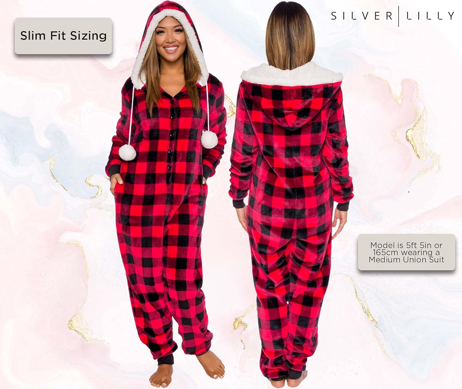 Womens Hooded Buffalo Plaid One Piece Pajamas with Sherpa Trim - Warm Plush Jumpsuit - Image 3