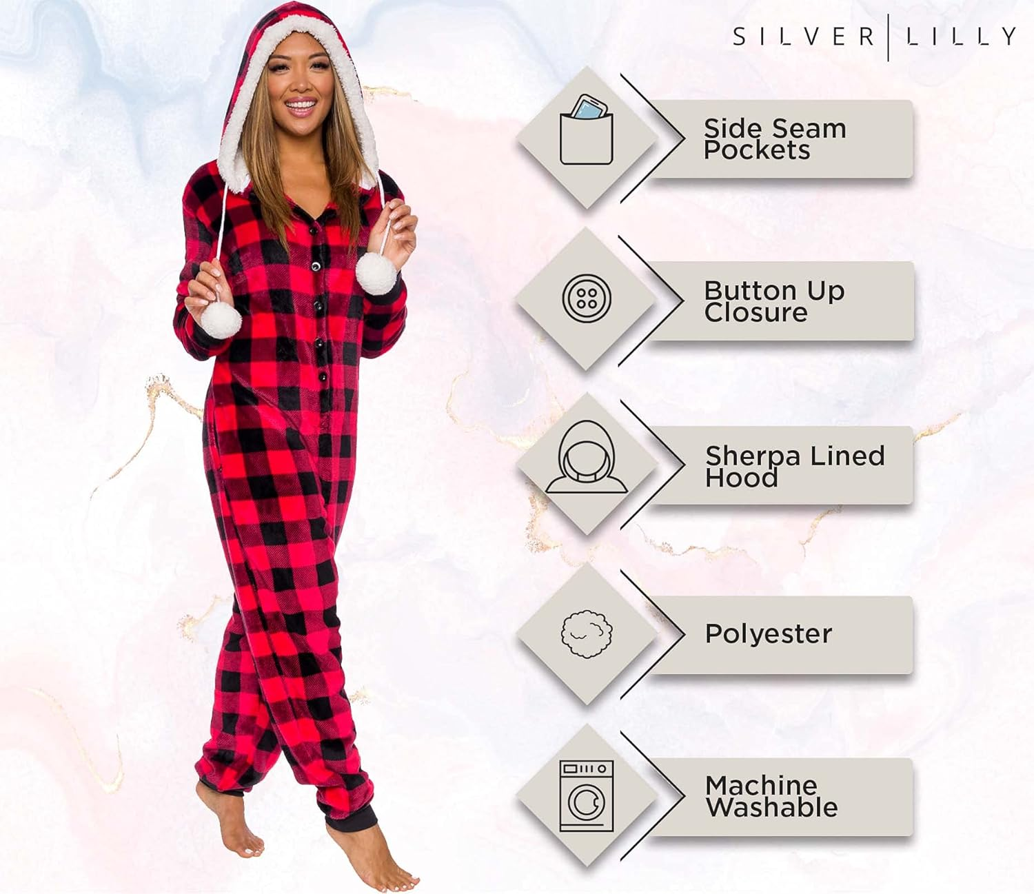 Womens Hooded Buffalo Plaid One Piece Pajamas with Sherpa Trim - Warm Plush Jumpsuit - Image 4