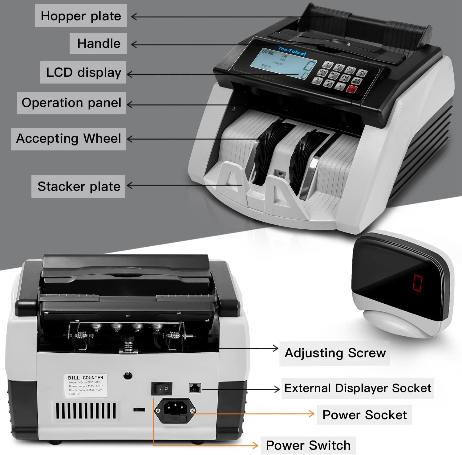 Bill Counter Machine, Money Counting Machine with UV/MG/MT/IR Counterfeit Detection, Count Value of Bills, Valucount, Add and Batch Modes, Large LED Display, 1,000 Bills/Min (Black) - Image 2