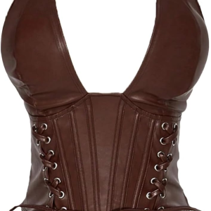 Women'S plus Size Halter Tops PU Leather Deep V Neck Lace up Backless Sleeveless Summer Crop Tank Top