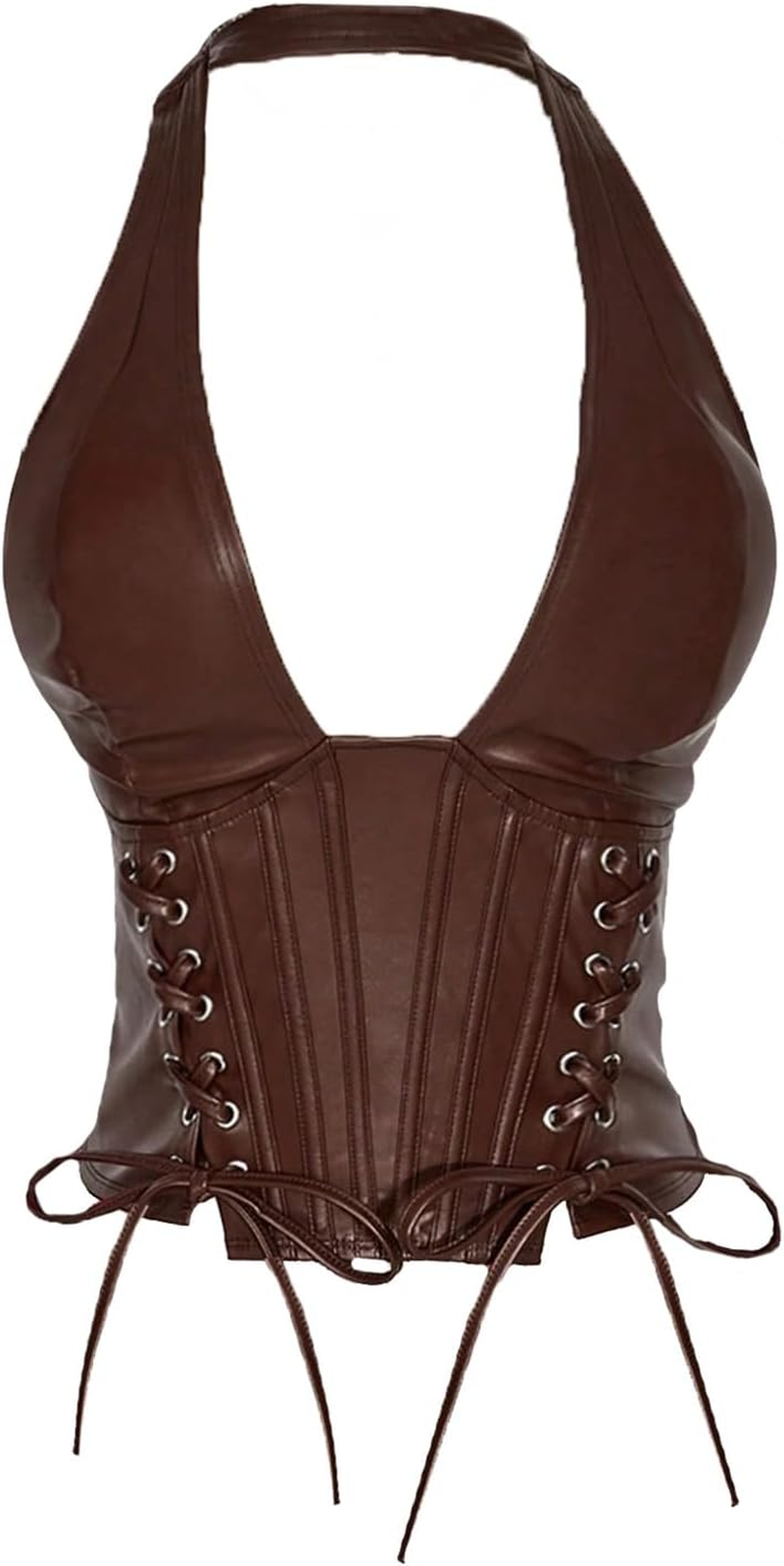 Women'S plus Size Halter Tops PU Leather Deep V Neck Lace up Backless Sleeveless Summer Crop Tank Top