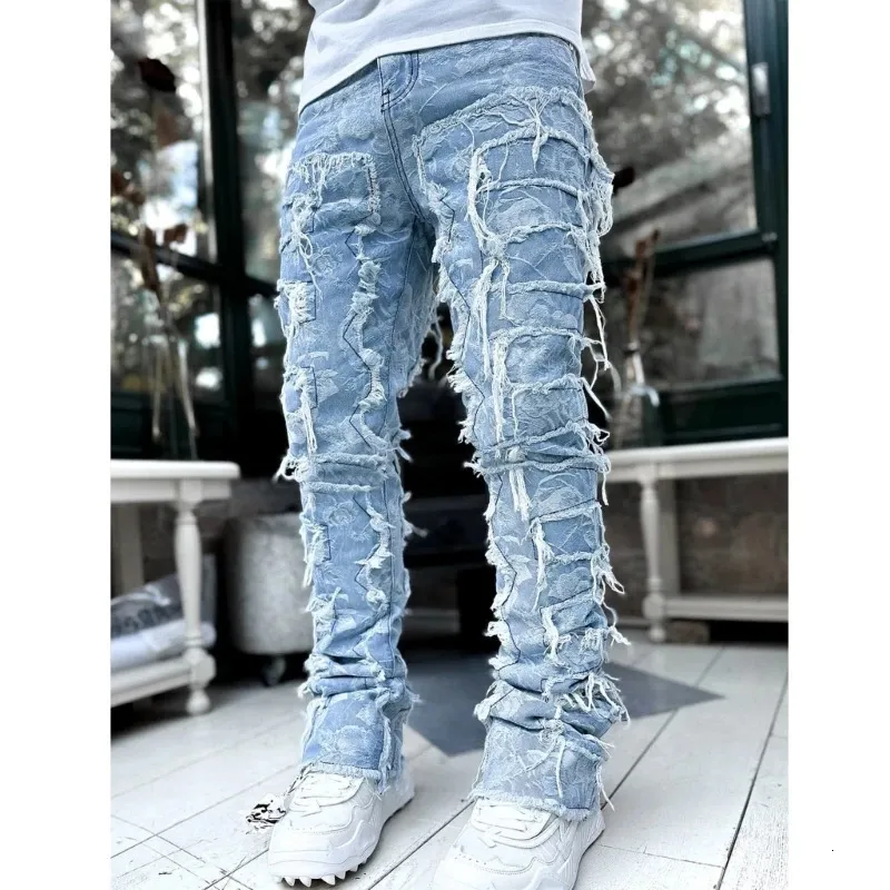 E15E Mens Stacked Jeans Fit Ripped Destroyed Straight Denims Pants Vintage Hip Hop Trouser Streetwear 240415 - Image 6