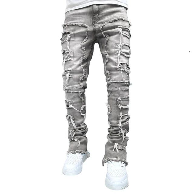E15E Mens Stacked Jeans Fit Ripped Destroyed Straight Denims Pants Vintage Hip Hop Trouser Streetwear 240415 - Image 10