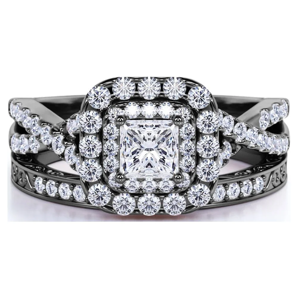 Square Diamond - Double Halo - Twisted Band - Vintage Inspired - Pave - Gothic Wedding Ring Set in 10K Black Gold - Image 3