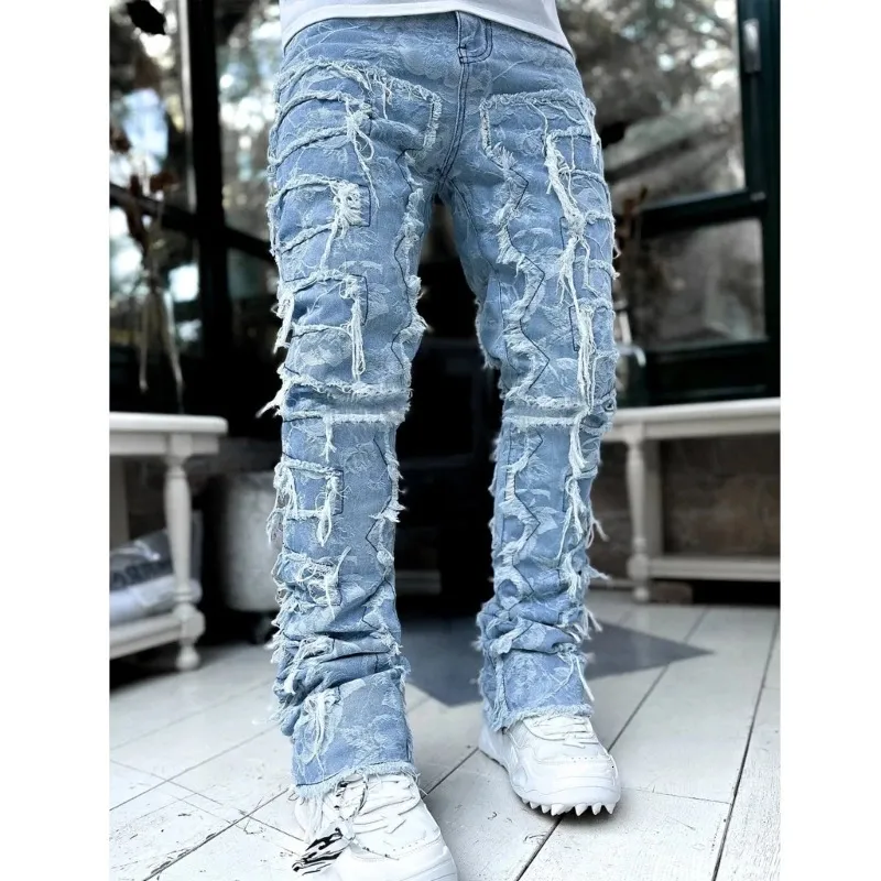 E15E Mens Stacked Jeans Fit Ripped Destroyed Straight Denims Pants Vintage Hip Hop Trouser Streetwear 240415 - Image 5
