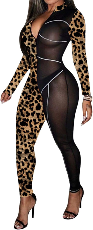 Women Sheer Leopard Jumpsuit