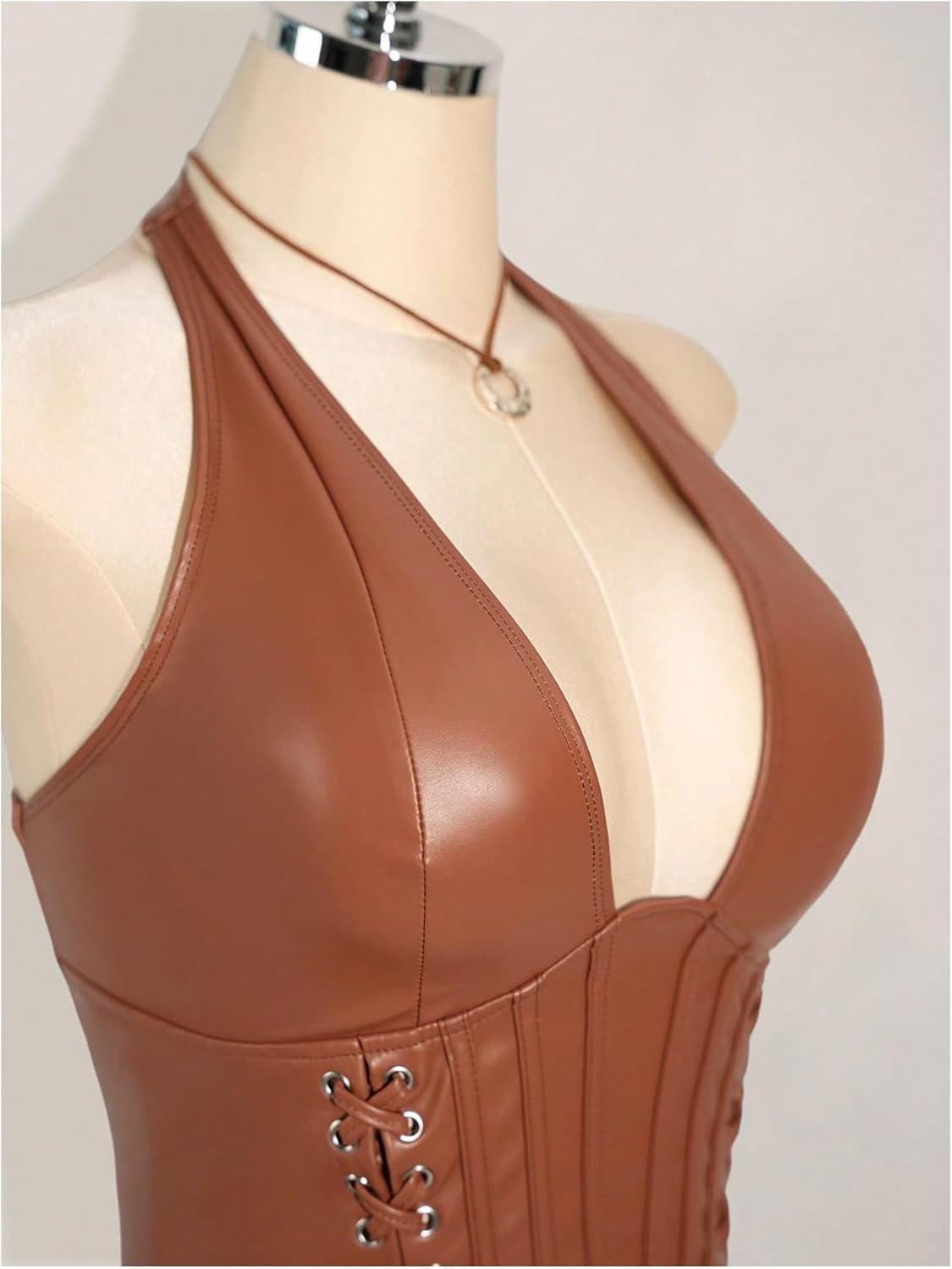 Women'S plus Size Halter Tops PU Leather Deep V Neck Lace up Backless Sleeveless Summer Crop Tank Top - Image 4