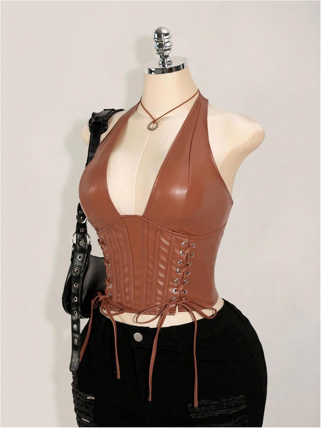 Women'S plus Size Halter Tops PU Leather Deep V Neck Lace up Backless Sleeveless Summer Crop Tank Top - Image 3