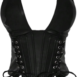 Women'S plus Size Halter Tops PU Leather Deep V Neck Lace up Backless Sleeveless Summer Crop Tank Top