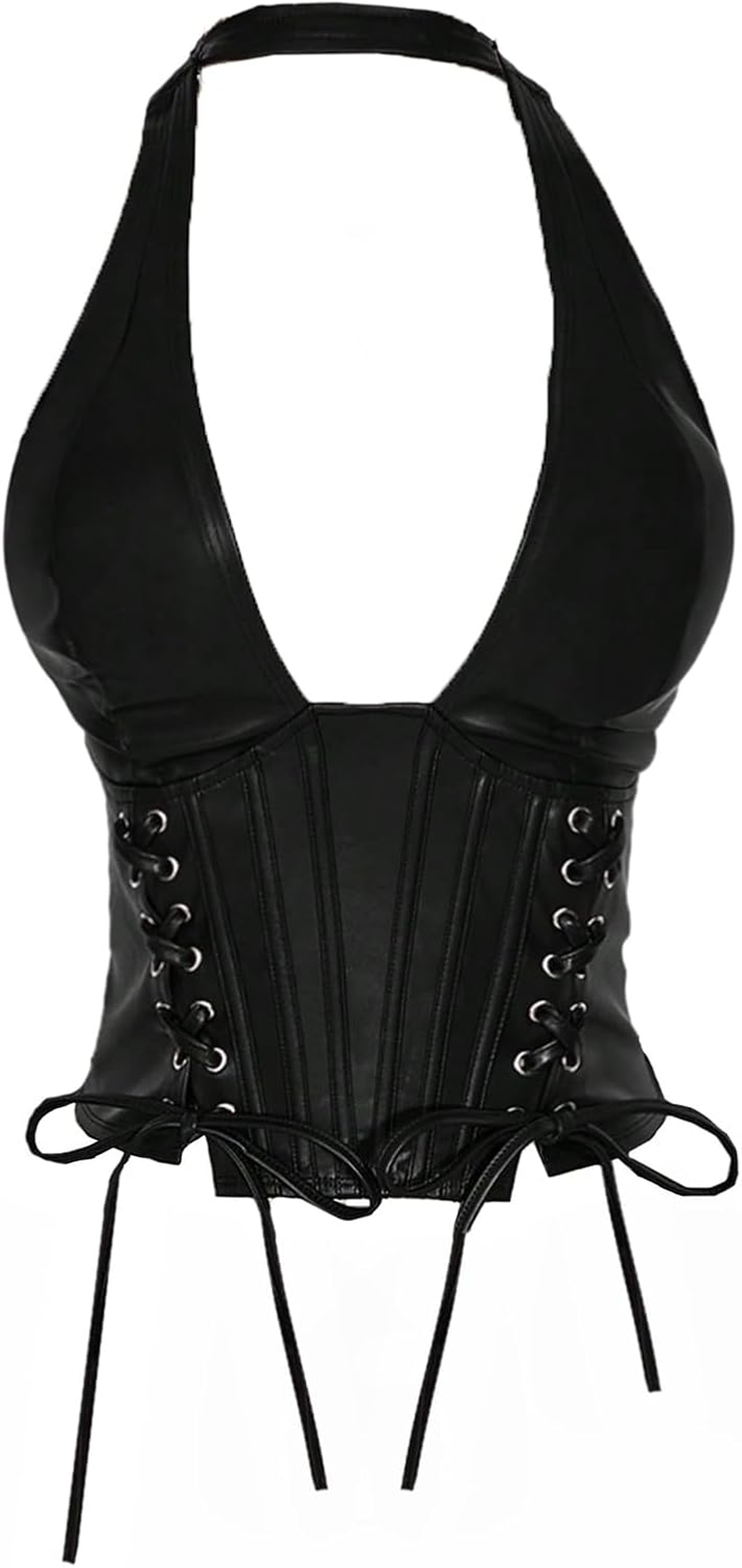Women'S plus Size Halter Tops PU Leather Deep V Neck Lace up Backless Sleeveless Summer Crop Tank Top