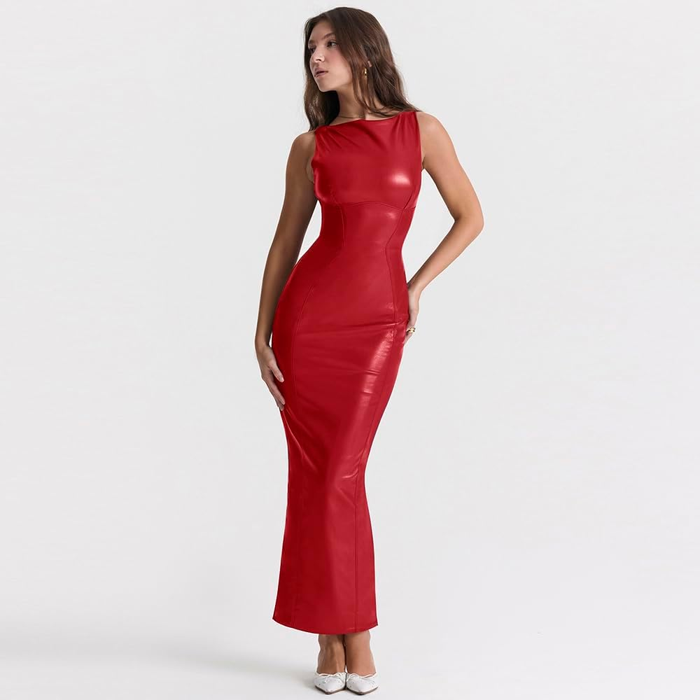 Women'S Faux Leather Bodycon Maxi Dress - Image 5