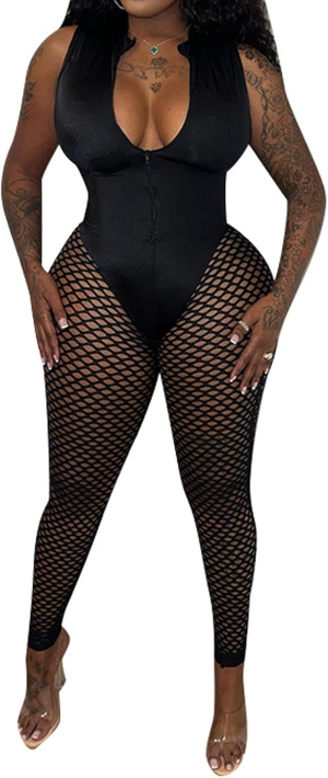 Women See through Bodycon Jumpsuit - One Piece Deep V Neck Outfits Sheer Mesh Leopard Clubwear Jumpsuit Rompers