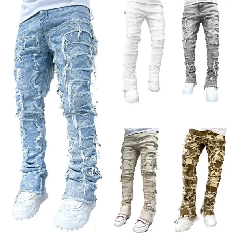 E15E Mens Stacked Jeans Fit Ripped Destroyed Straight Denims Pants Vintage Hip Hop Trouser Streetwear 240415 - Image 2