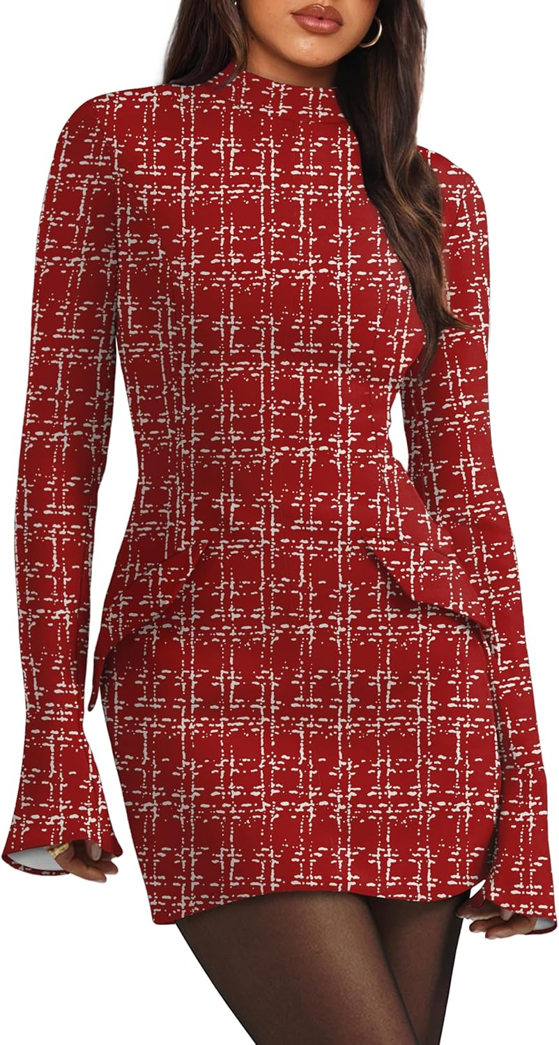 Women'S Fall Long Sleeve Mock Neck Dress Basic Party Club Bodycon Mini Dresses