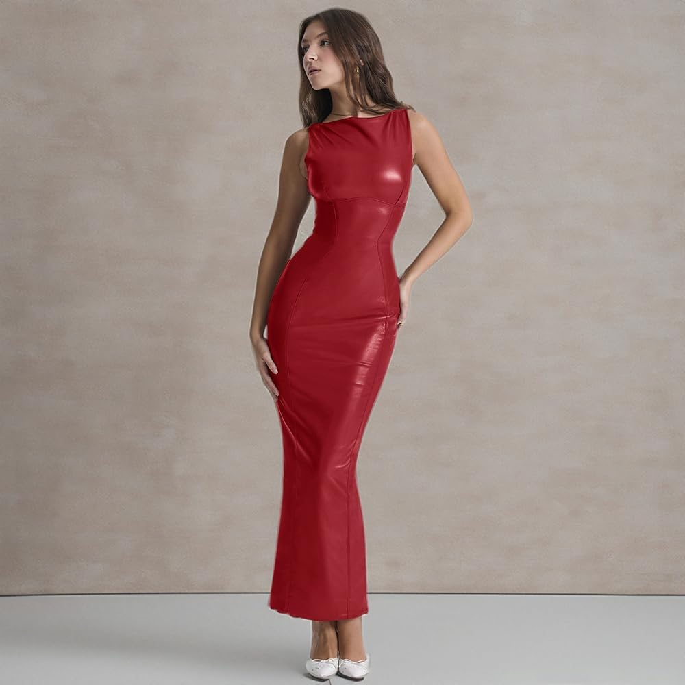 Women'S Faux Leather Bodycon Maxi Dress - Image 6