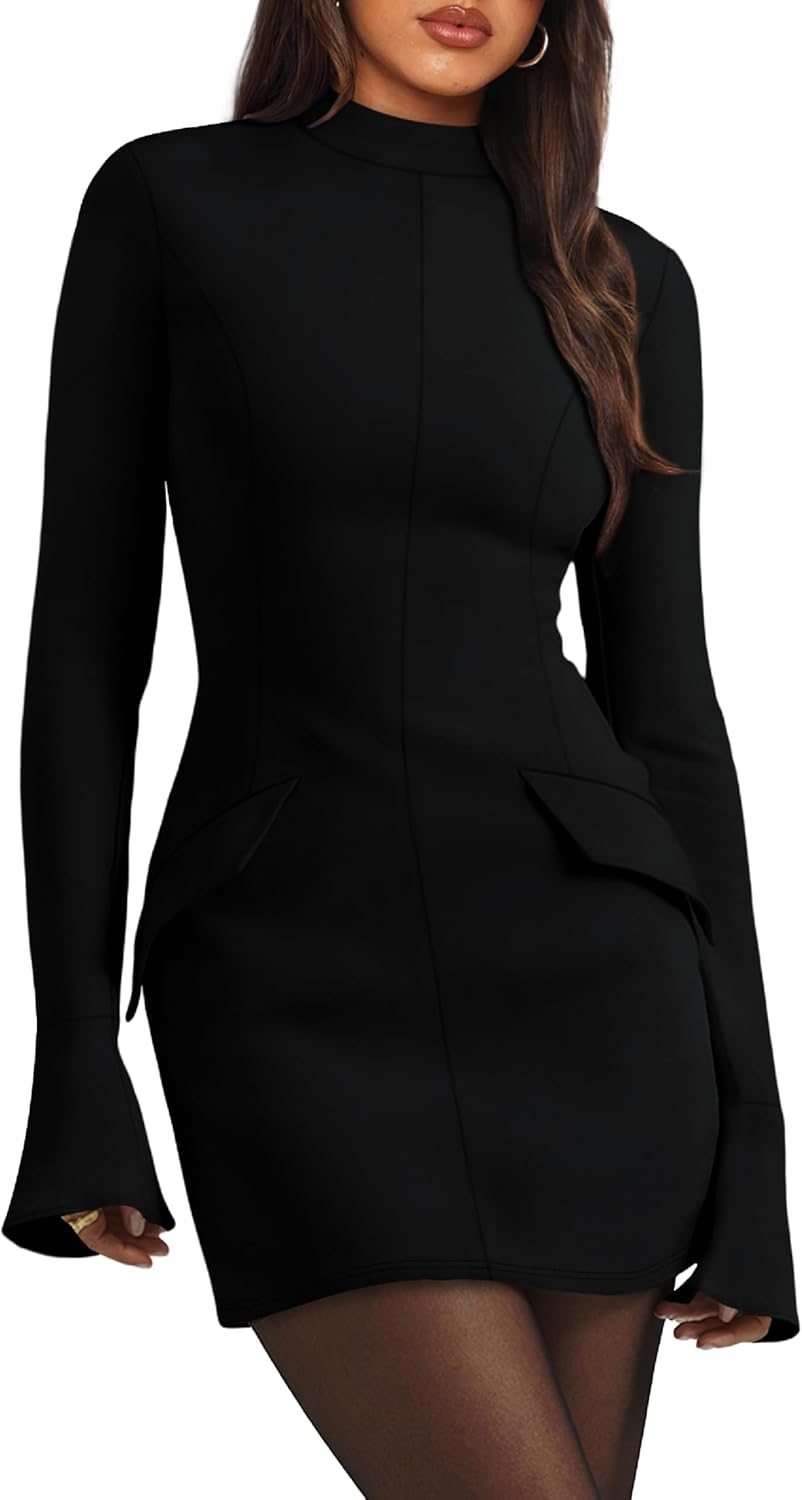 Women'S Fall Long Sleeve Mock Neck Dress Basic Party Club Bodycon Mini Dresses