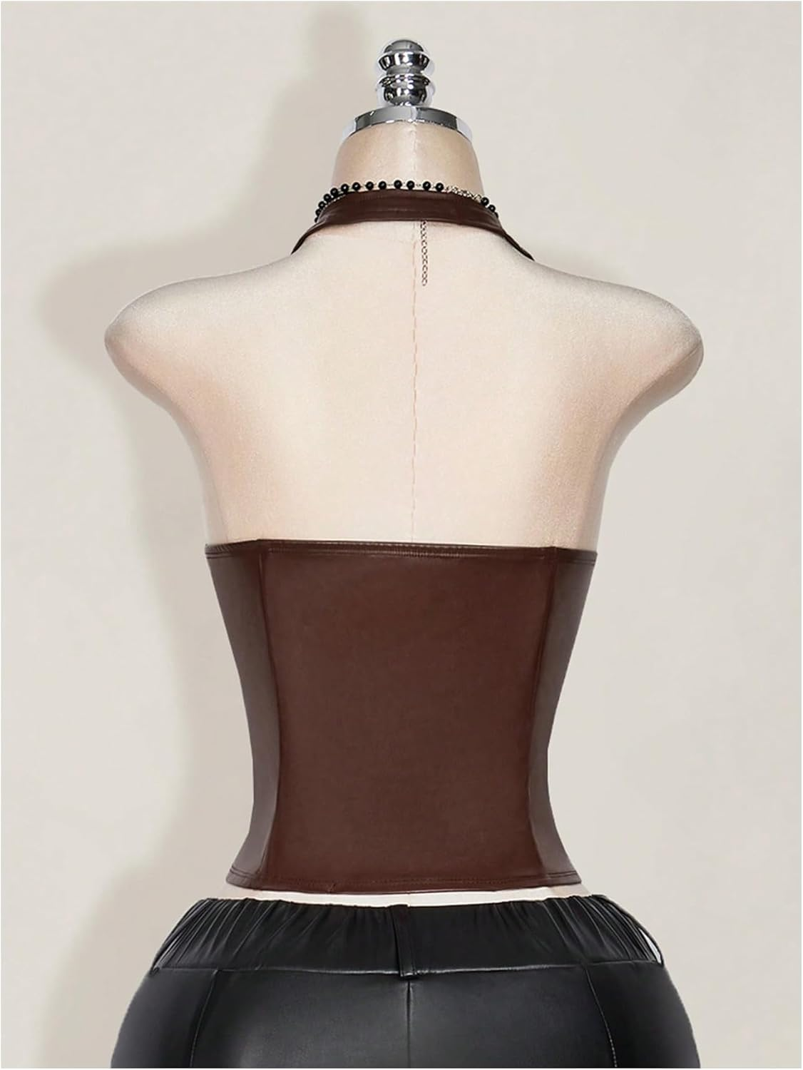 Women'S plus Size Halter Tops PU Leather Deep V Neck Lace up Backless Sleeveless Summer Crop Tank Top - Image 2