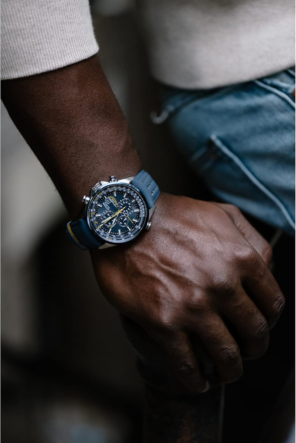 Men'S Eco-Drive Sport Luxury World Chronograph Atomic Time Keeping Watch in Stainless Steel with Blue Polyurethane Strap, Blue Dial (Model: AT8020-03L) - Image 2