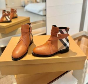 Premium Check and Leather Flat Heel Boots