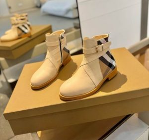 Premium Check and Leather Flat Heel Boots